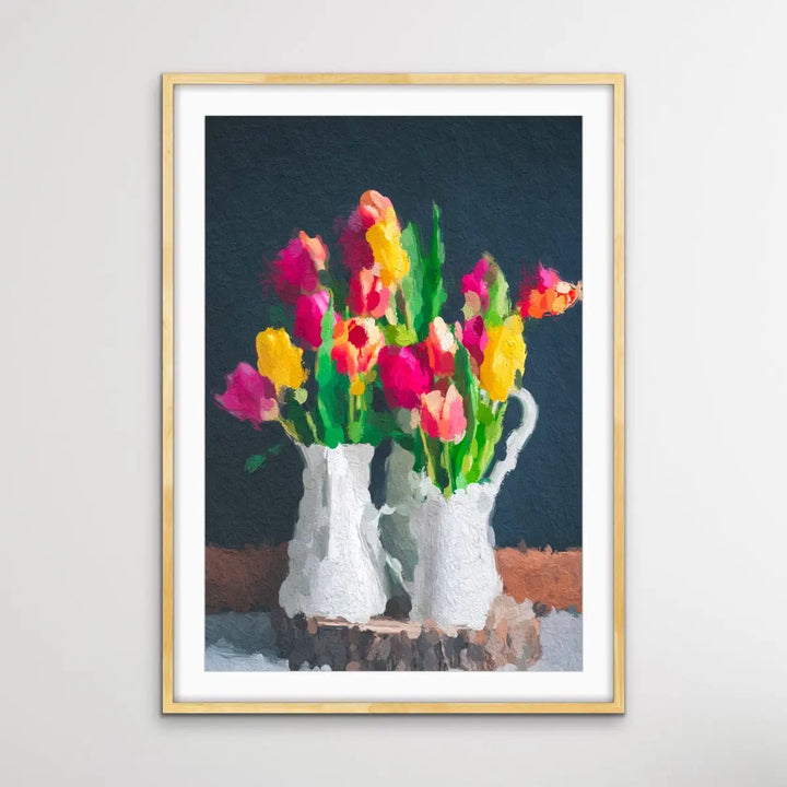 Tulips In Abstract - Colourful Abstract Tulips In Vase Painterly Style Painting - I Heart Wall Art
