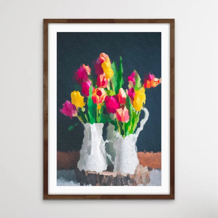 Tulips In Abstract - Colourful Abstract Tulips In Vase Painterly Style Painting - I Heart Wall Art