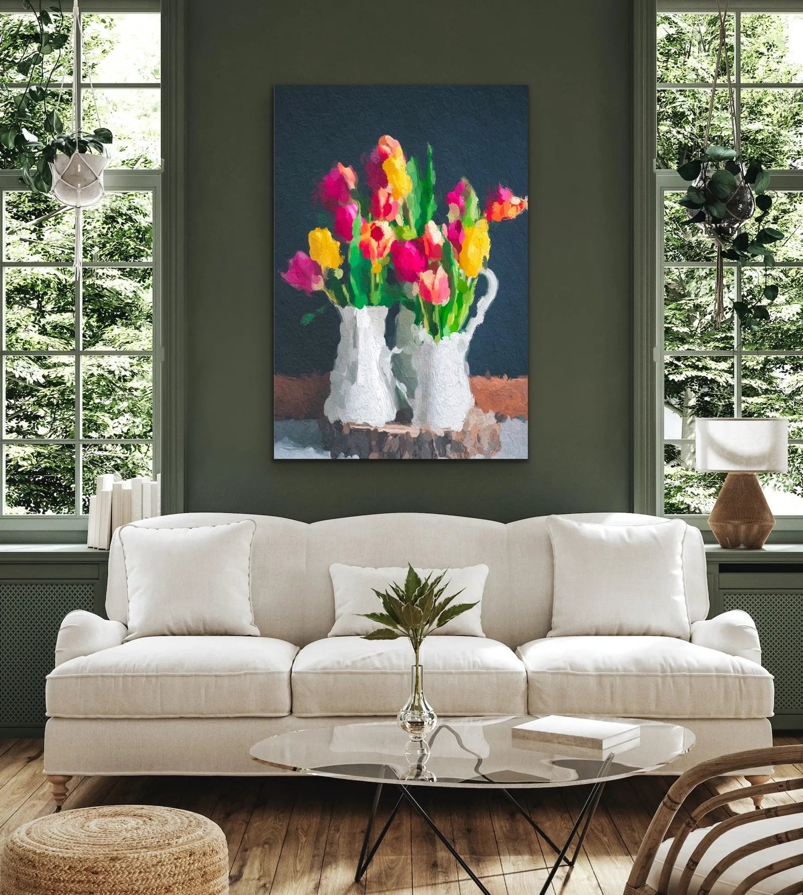 Tulips In Abstract - Colourful Abstract Tulips In Vase Painterly Style Painting - I Heart Wall Art