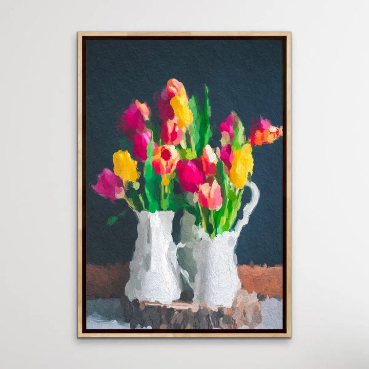 Tulips In Abstract - Colourful Abstract Tulips In Vase Painterly Style Painting - I Heart Wall Art