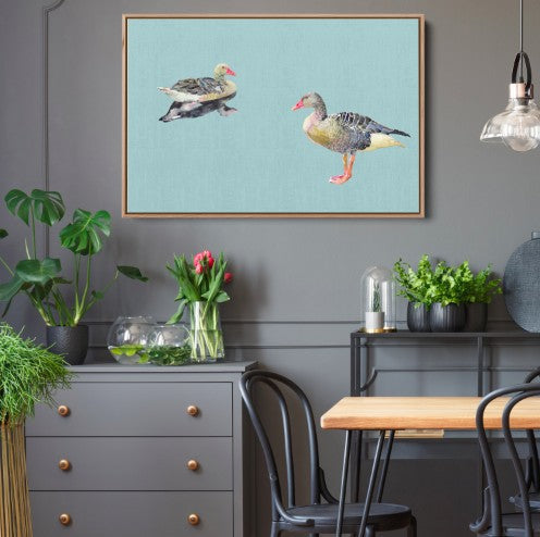 Two Geese - Watercolour Geese on Duck Egg Blue Background Canvas Wall Art Print - I Heart Wall Art