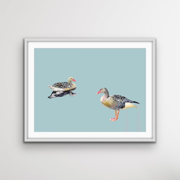 Two Geese - Watercolour Geese on Duck Egg Blue Background Canvas Wall Art Print - I Heart Wall Art