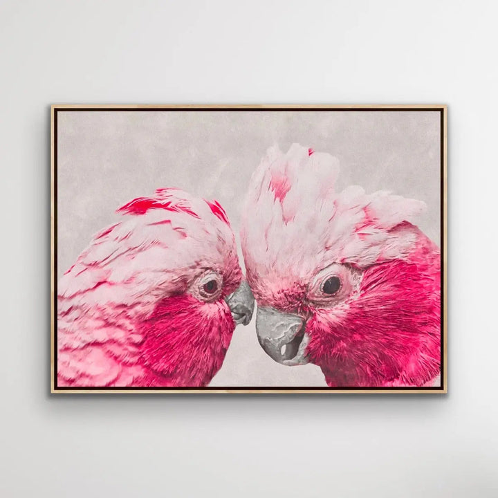 Two Gossiping Galahs -  Original Australian Pink Cockatoo Galah Nature Painting Stretched Canvas Wall Art Print - Nature Wall Art - I Heart Wall Art