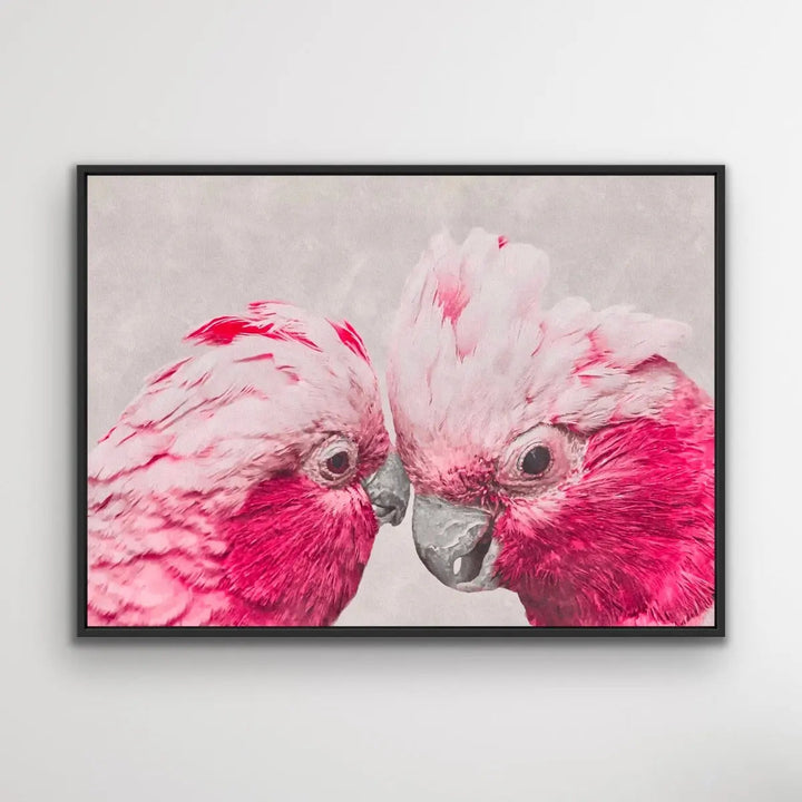 Two Gossiping Galahs -  Original Australian Pink Cockatoo Galah Nature Painting Stretched Canvas Wall Art Print - Nature Wall Art - I Heart Wall Art