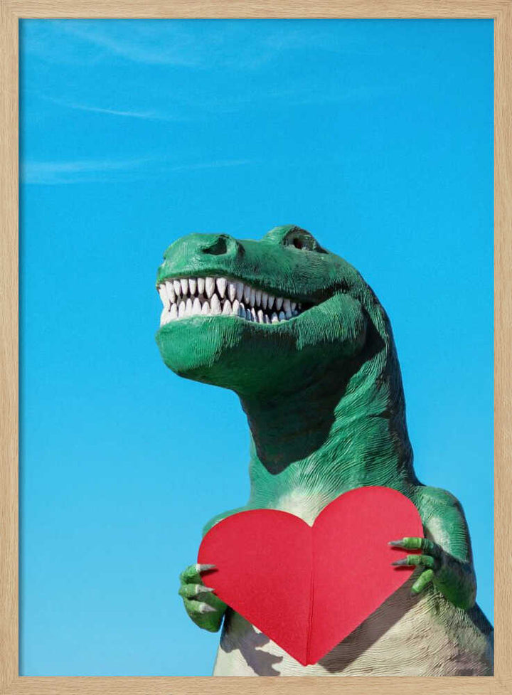 Tyrannosaurus Rex with a Red Paper Heart - Stretched Canvas, Poster or Fine Art Print - I Heart Wall Art - Poster Print, Canvas Print or Framed Art Print