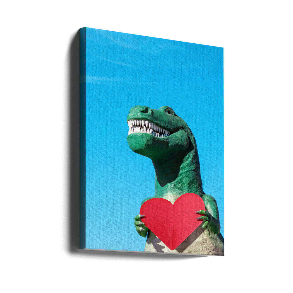 Tyrannosaurus Rex with a Red Paper Heart - Stretched Canvas, Poster or Fine Art Print - I Heart Wall Art - Poster Print, Canvas Print or Framed Art Print
