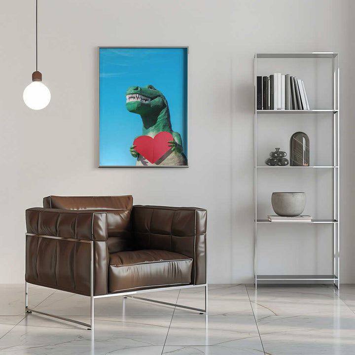 Tyrannosaurus Rex with a Red Paper Heart - Stretched Canvas, Poster or Fine Art Print - I Heart Wall Art - Poster Print, Canvas Print or Framed Art Print