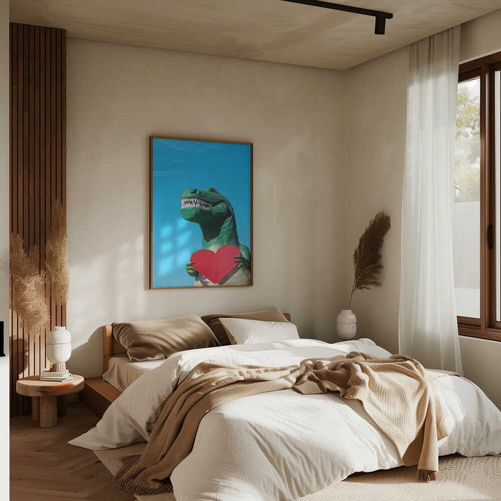 Tyrannosaurus Rex with a Red Paper Heart - Stretched Canvas, Poster or Fine Art Print - I Heart Wall Art - Poster Print, Canvas Print or Framed Art Print
