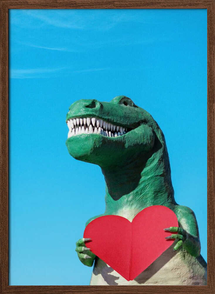 Tyrannosaurus Rex with a Red Paper Heart - Stretched Canvas, Poster or Fine Art Print - I Heart Wall Art - Poster Print, Canvas Print or Framed Art Print