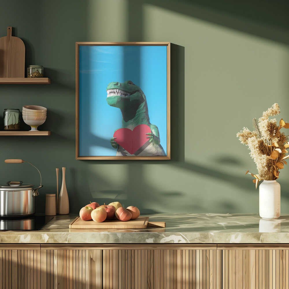Tyrannosaurus Rex with a Red Paper Heart - Stretched Canvas, Poster or Fine Art Print - I Heart Wall Art - Poster Print, Canvas Print or Framed Art Print