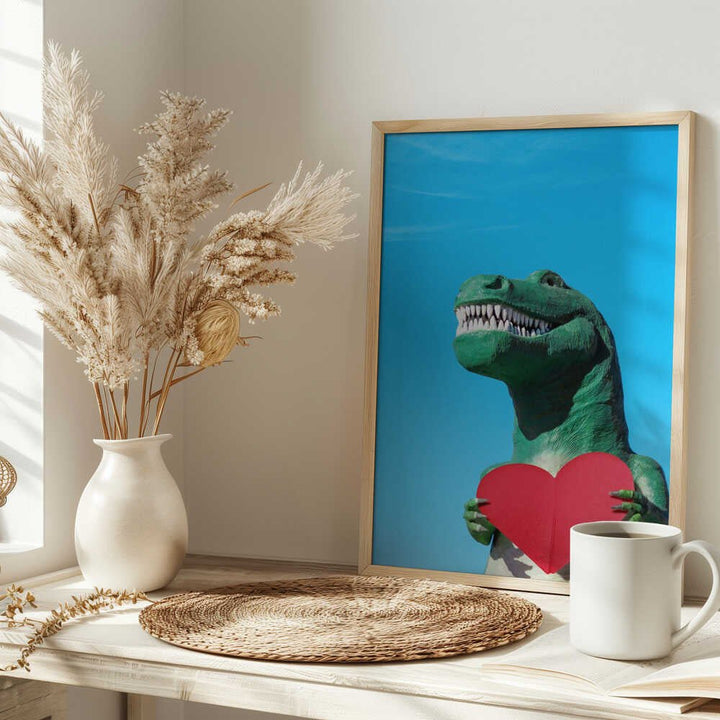 Tyrannosaurus Rex with a Red Paper Heart - Stretched Canvas, Poster or Fine Art Print - I Heart Wall Art - Poster Print, Canvas Print or Framed Art Print