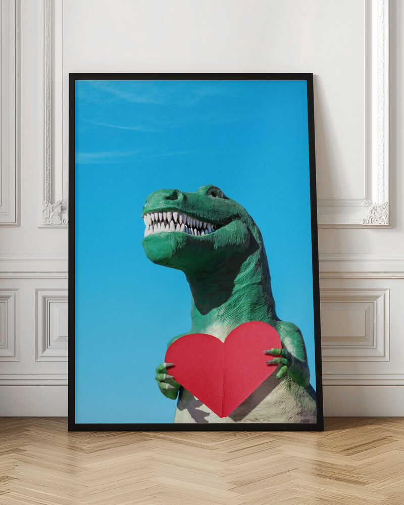 Tyrannosaurus Rex with a Red Paper Heart - Stretched Canvas, Poster or Fine Art Print - I Heart Wall Art - Poster Print, Canvas Print or Framed Art Print