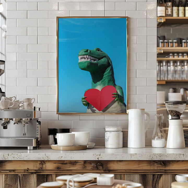 Tyrannosaurus Rex with a Red Paper Heart - Stretched Canvas, Poster or Fine Art Print - I Heart Wall Art - Poster Print, Canvas Print or Framed Art Print