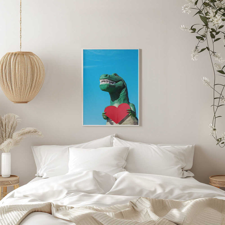 Tyrannosaurus Rex with a Red Paper Heart - Stretched Canvas, Poster or Fine Art Print - I Heart Wall Art - Poster Print, Canvas Print or Framed Art Print