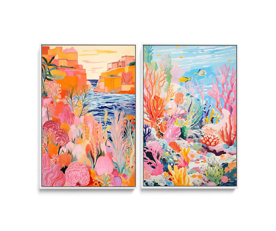 Pair of vibrant framed kids stretched canvas prints featuring colorful coastal and underwater coral reef scenes