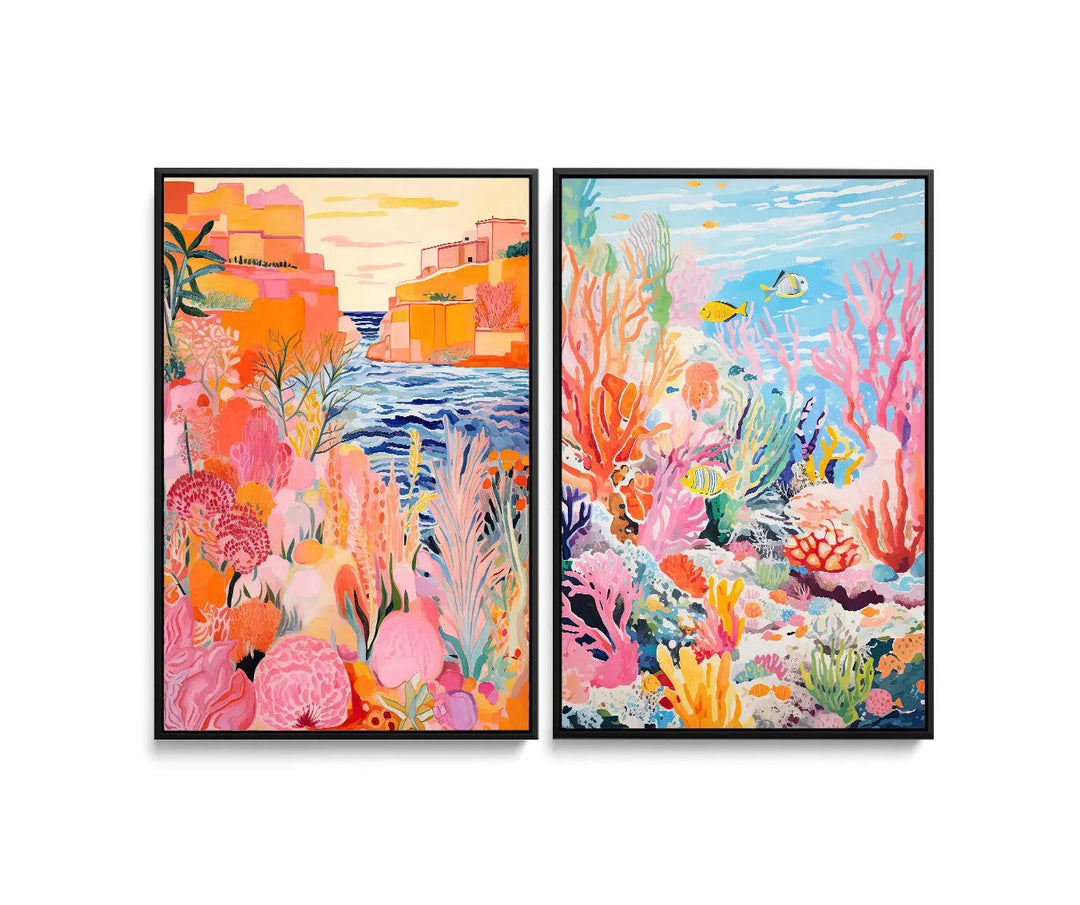 Two framed kids canvas prints featuring vibrant coastal and underwater scenes in bold colors under the sea artwork