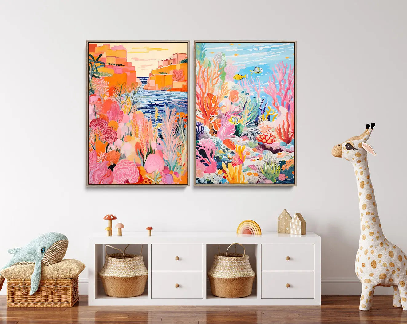 Two vibrant colorful coastal and underwater scenes on kids stretched canvas print or framed fine art print hanging on wall