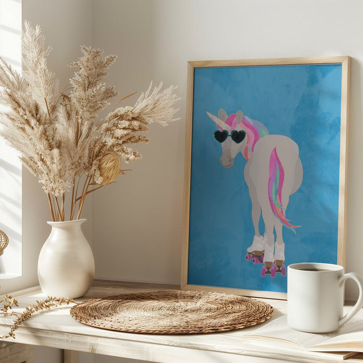 Unicorn rollerskating blue - Stretched Canvas, Poster or Fine Art Print - I Heart Wall Art - Poster Print, Canvas Print or Framed Art Print