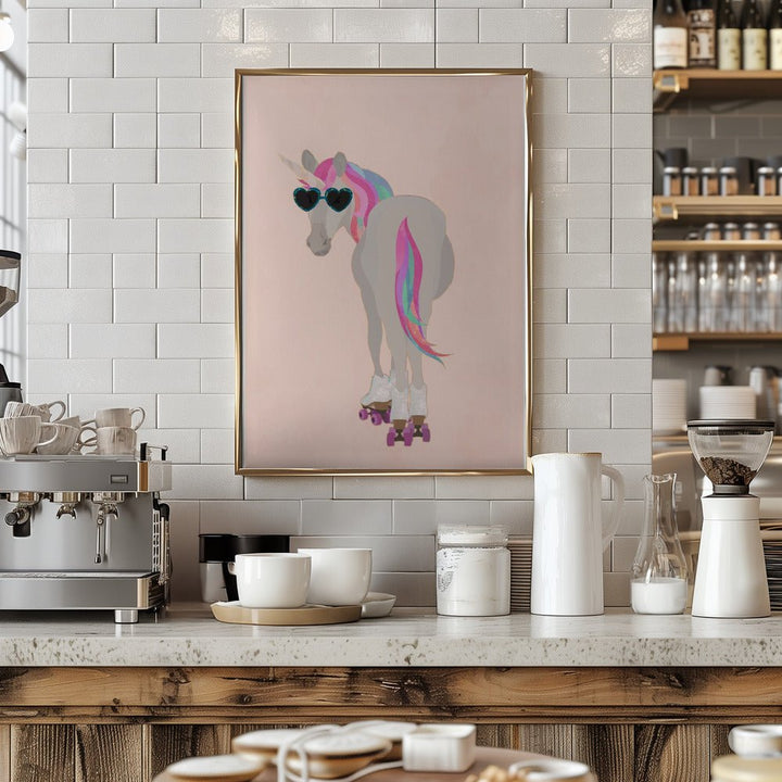Unicorn Rollerskating peach - Stretched Canvas, Poster or Fine Art Print - I Heart Wall Art - Poster Print, Canvas Print or Framed Art Print