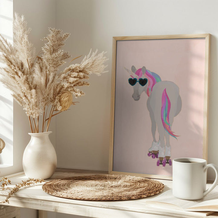 Unicorn Rollerskating peach - Stretched Canvas, Poster or Fine Art Print - I Heart Wall Art - Poster Print, Canvas Print or Framed Art Print