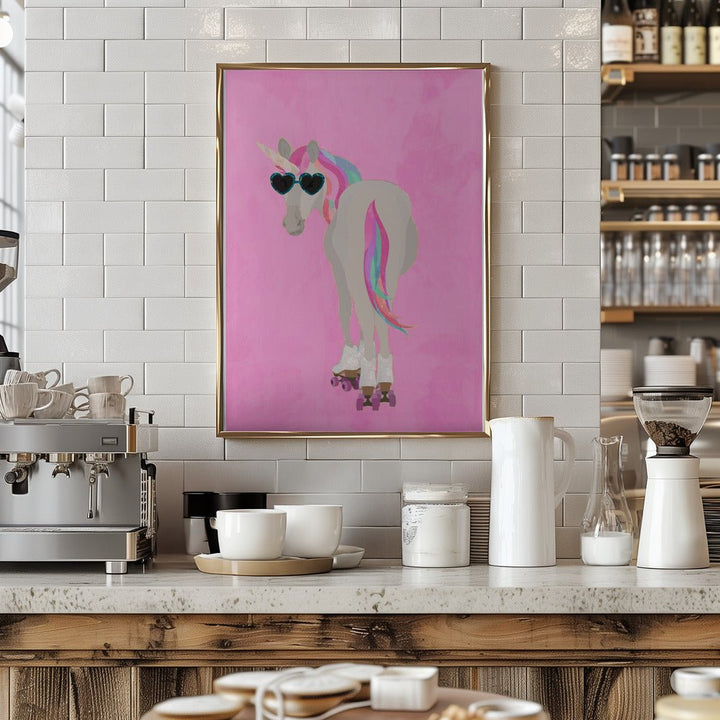 Unicorn rollerskating pink - Stretched Canvas, Poster or Fine Art Print - I Heart Wall Art - Poster Print, Canvas Print or Framed Art Print