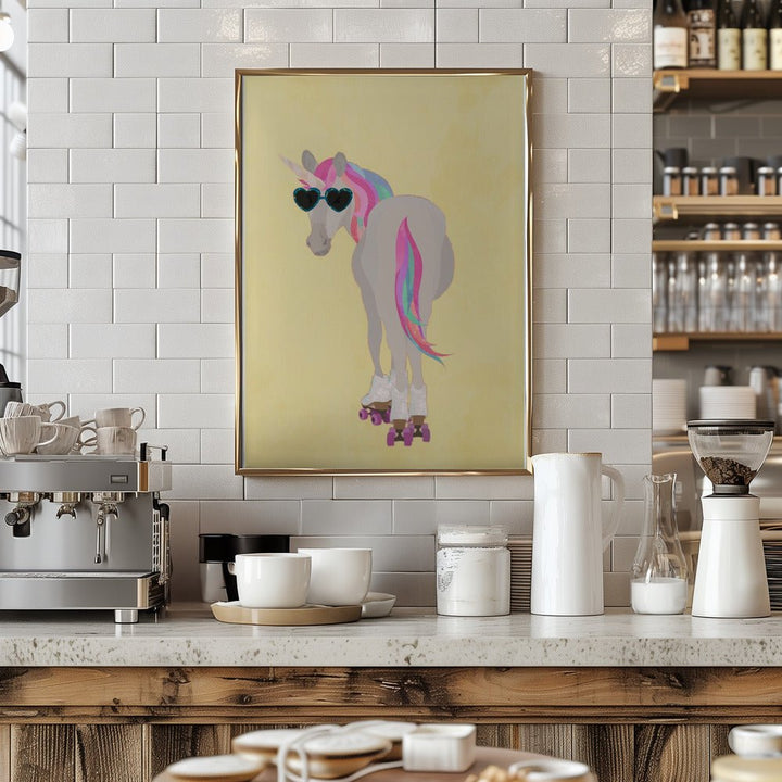 Unicorn rollerskating yello - Stretched Canvas, Poster or Fine Art Print - I Heart Wall Art - Poster Print, Canvas Print or Framed Art Print