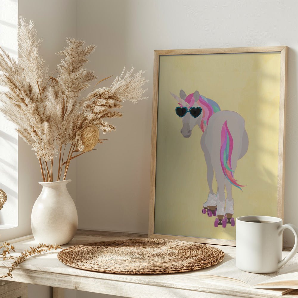 Unicorn rollerskating yello - Stretched Canvas, Poster or Fine Art Print - I Heart Wall Art - Poster Print, Canvas Print or Framed Art Print