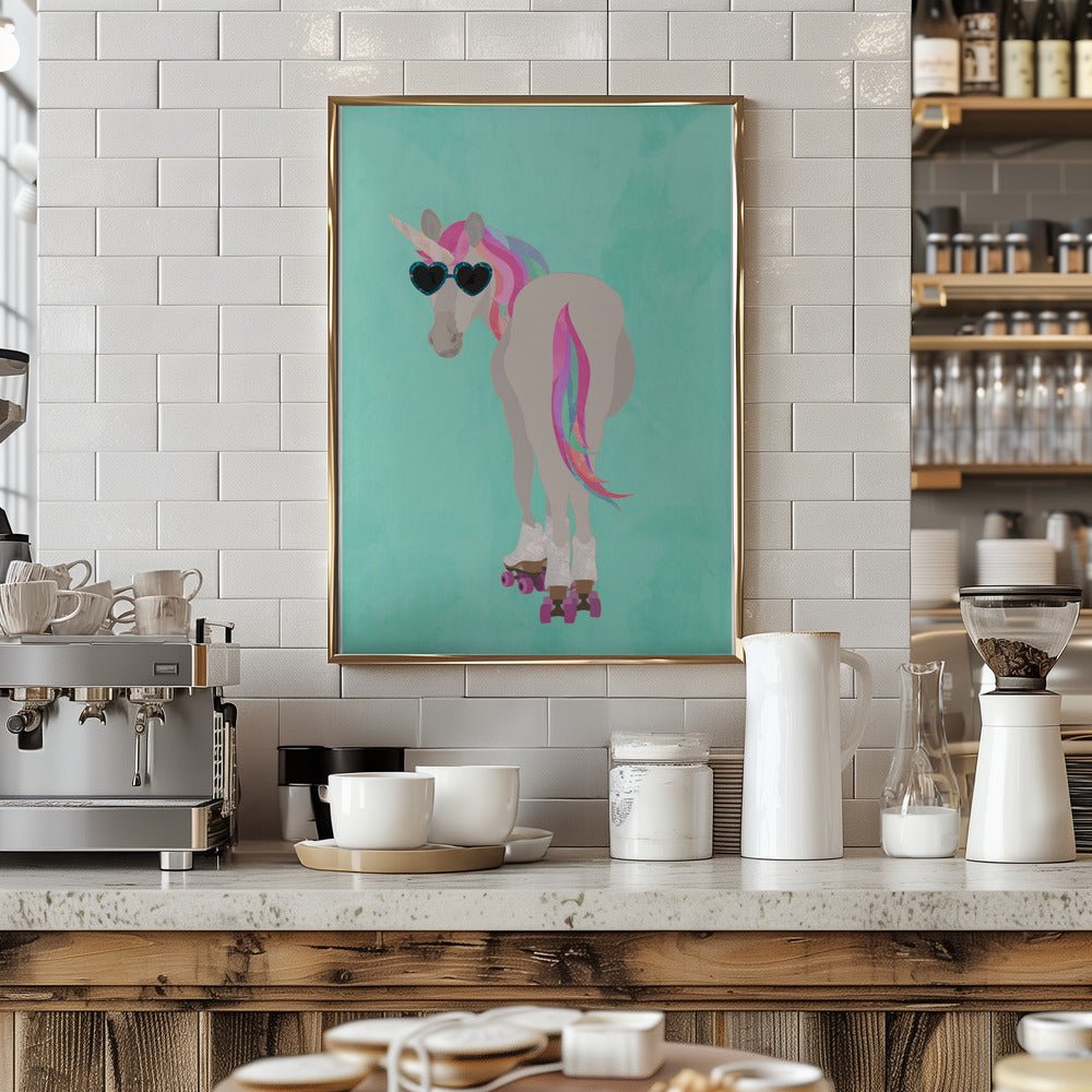 Unicorn roolerskating teal - Stretched Canvas, Poster or Fine Art Print - I Heart Wall Art - Poster Print, Canvas Print or Framed Art Print