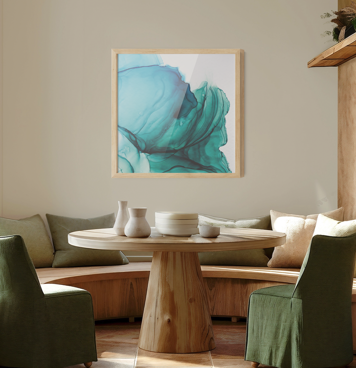 Unwind blue and green abstract alcohol ink wall art print featuring teal and blue swirling inkblot patterns in light wood frame