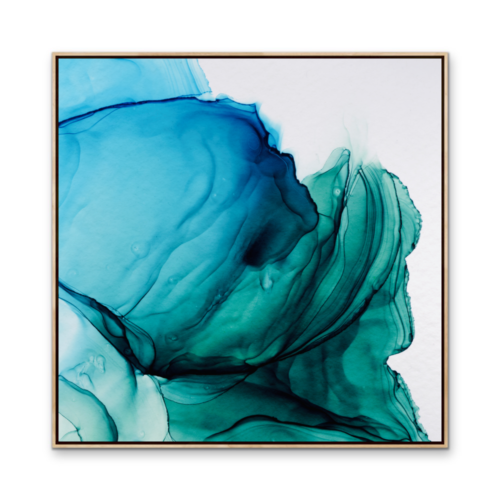 A square abstract alcohol ink wall art print with flowing deep teal and vibrant blue layers titled unwind blue and green