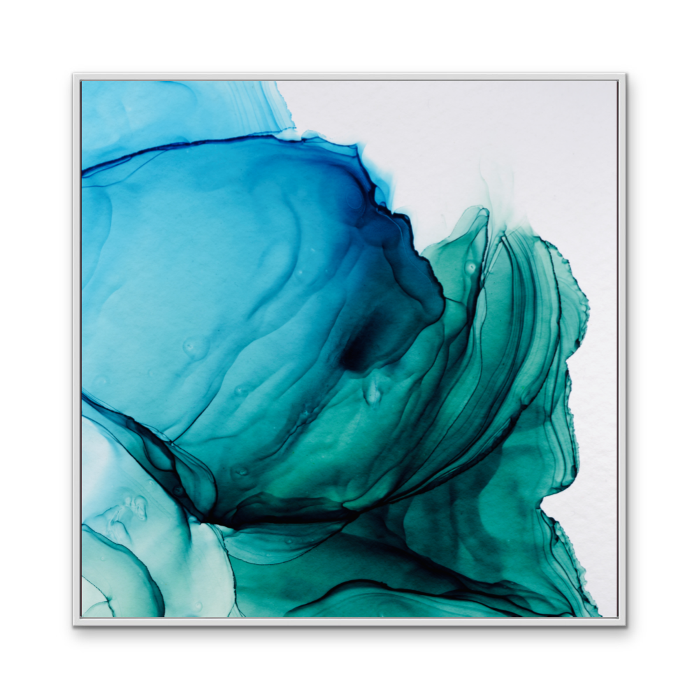 A square-framed abstract alcohol ink wall art print with flowing blue and teal translucent layers titled unwind