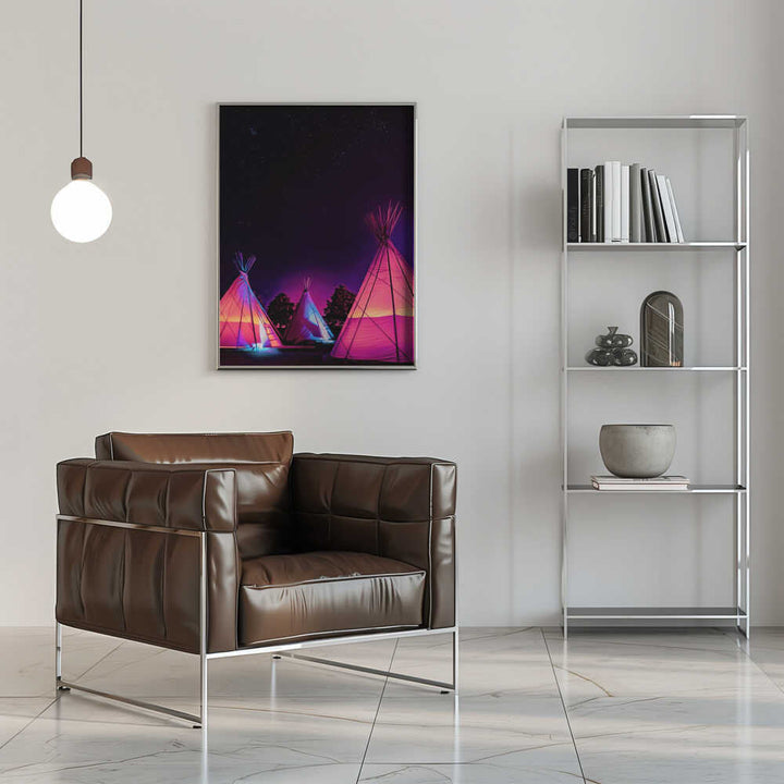 Vaporwave Teepees Glowing at Night Under Stars In Marfa Texas - Stretched Canvas, Poster or Fine Art Print - I Heart Wall Art - Poster Print, Canvas Print or Framed Art Print