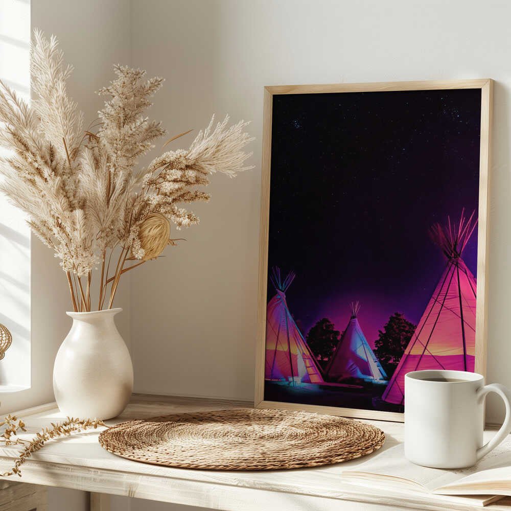 Vaporwave Teepees Glowing at Night Under Stars In Marfa Texas - Stretched Canvas, Poster or Fine Art Print - I Heart Wall Art - Poster Print, Canvas Print or Framed Art Print