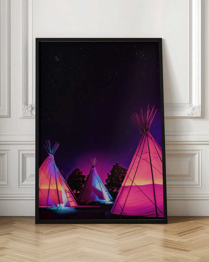 Vaporwave Teepees Glowing at Night Under Stars In Marfa Texas - Stretched Canvas, Poster or Fine Art Print - I Heart Wall Art - Poster Print, Canvas Print or Framed Art Print