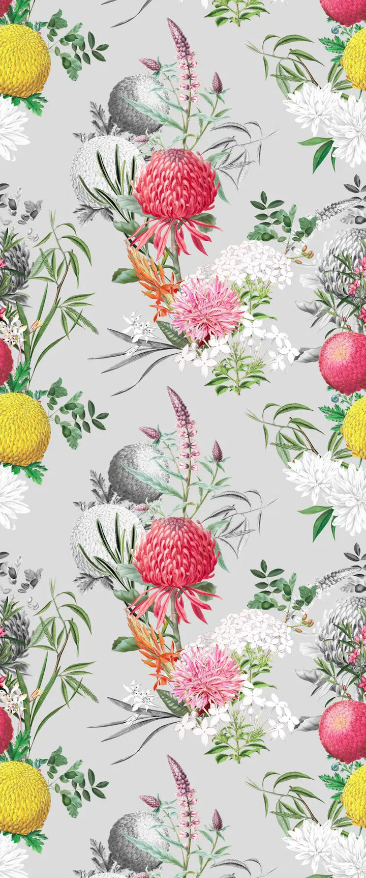 Verano In Grey - Pink Yellow and Grey Floral Wallpaper I Heart Wall Art Australia 
