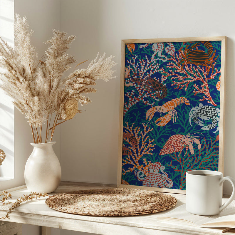 Vibrant coral reef blue and orange pattern - Stretched Canvas or