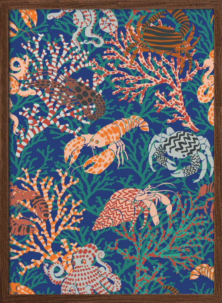 Vibrant coral reef blue and orange pattern - Stretched Canvas or