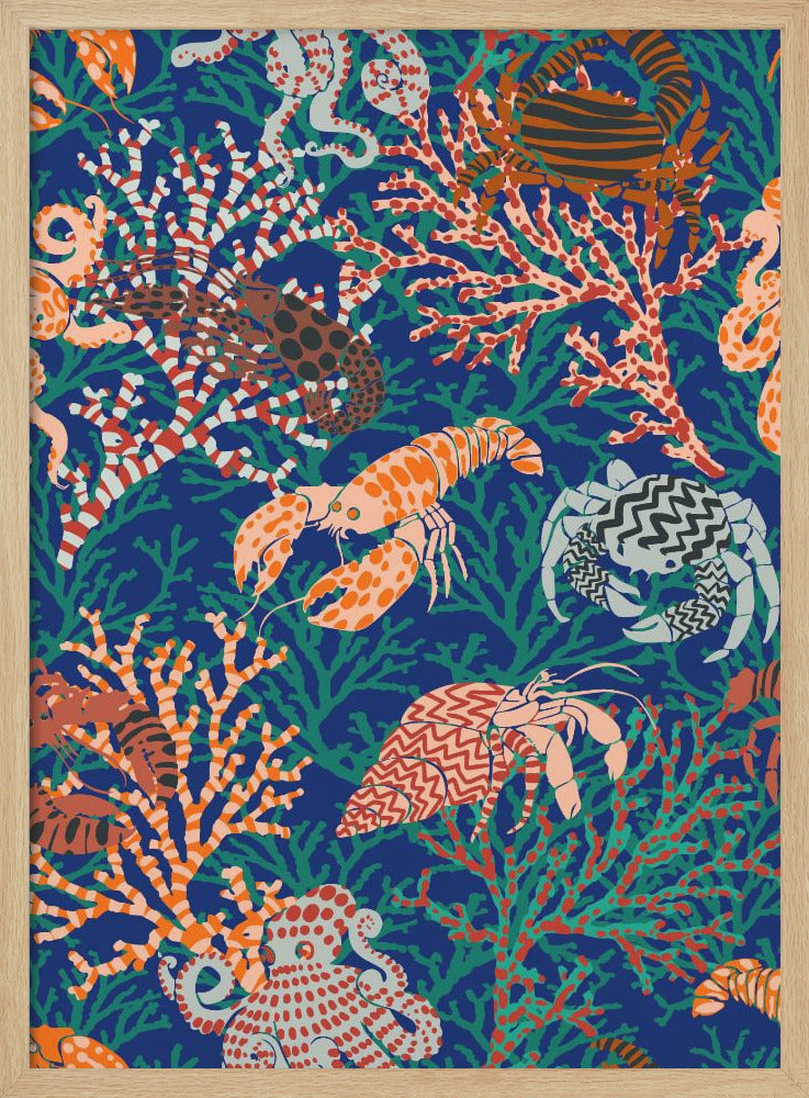 Vibrant coral reef blue and orange pattern - Stretched Canvas or