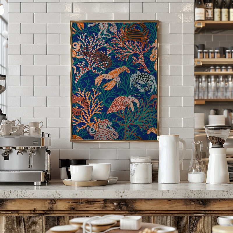 Vibrant coral reef blue and orange pattern - Stretched Canvas or