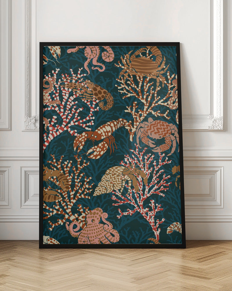Vibrant coral reef vintage blue pattern - Stretched Canvas, Poster or Fine Art Print I Heart Wall Art