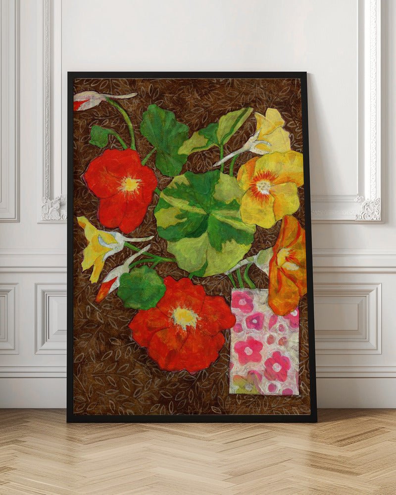 Vibrant Nasturtiums And Leaves In A Patterned Vase - Stretched Canvas, Poster or Fine Art Print - I Heart Wall Art - Poster Print, Canvas Print or Framed Art Print
