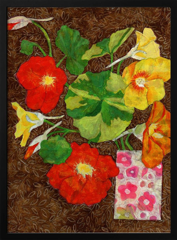 Vibrant Nasturtiums And Leaves In A Patterned Vase - Stretched Canvas, Poster or Fine Art Print - I Heart Wall Art - Poster Print, Canvas Print or Framed Art Print
