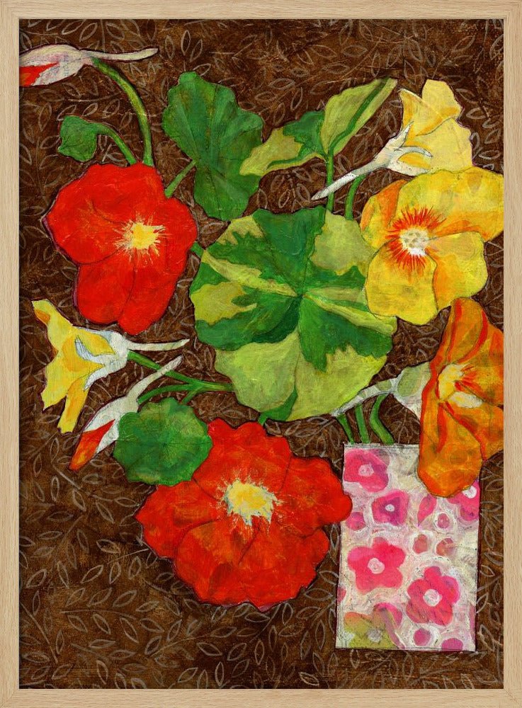 Vibrant Nasturtiums And Leaves In A Patterned Vase - Stretched Canvas, Poster or Fine Art Print - I Heart Wall Art - Poster Print, Canvas Print or Framed Art Print