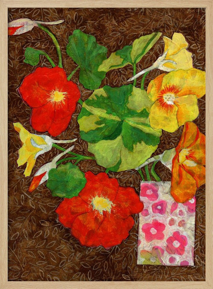 Vibrant Nasturtiums And Leaves In A Patterned Vase - Stretched Canvas, Poster or Fine Art Print - I Heart Wall Art - Poster Print, Canvas Print or Framed Art Print