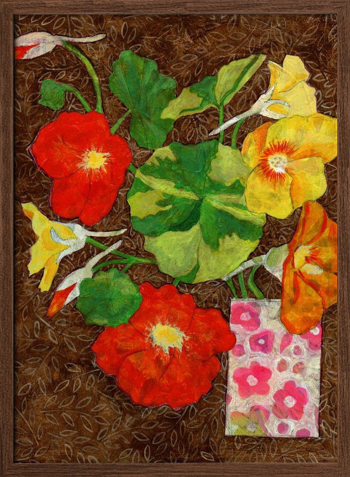 Vibrant Nasturtiums And Leaves In A Patterned Vase - Stretched Canvas, Poster or Fine Art Print - I Heart Wall Art - Poster Print, Canvas Print or Framed Art Print