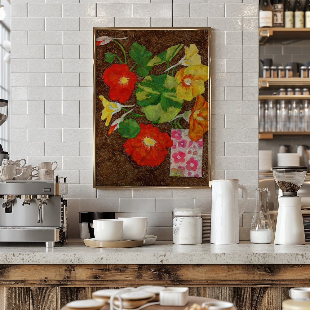 Vibrant Nasturtiums And Leaves In A Patterned Vase - Stretched Canvas, Poster or Fine Art Print - I Heart Wall Art - Poster Print, Canvas Print or Framed Art Print