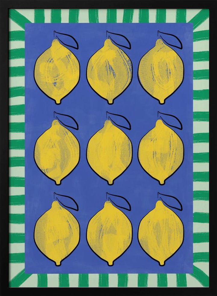 Vibrant Yellow Lemons on a Deep Blue - Stretched Canvas, Poster or Fine Art Print - I Heart Wall Art - Poster Print, Canvas Print or Framed Art Print