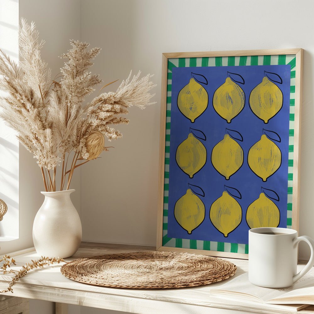 Vibrant Yellow Lemons on a Deep Blue - Stretched Canvas, Poster or Fine Art Print - I Heart Wall Art - Poster Print, Canvas Print or Framed Art Print