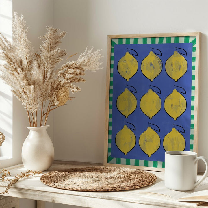 Vibrant Yellow Lemons on a Deep Blue - Stretched Canvas, Poster or Fine Art Print - I Heart Wall Art - Poster Print, Canvas Print or Framed Art Print