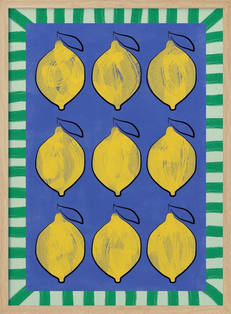 Vibrant Yellow Lemons on a Deep Blue - Stretched Canvas, Poster or Fine Art Print - I Heart Wall Art - Poster Print, Canvas Print or Framed Art Print